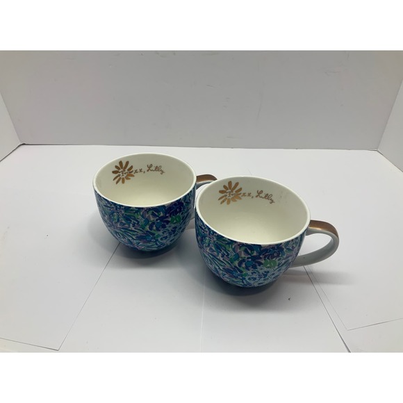 Lilly Pulitzer Other - Lilly Pulitzer Ceramic Coffee Mug Set of 2 Blue Floral Gold Handle xx Lilly